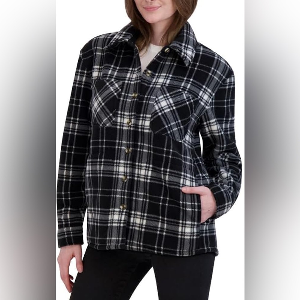 Thread and Supply Cozy Plaid Fleece Lined Black&White Shacket Jacket Size XL New